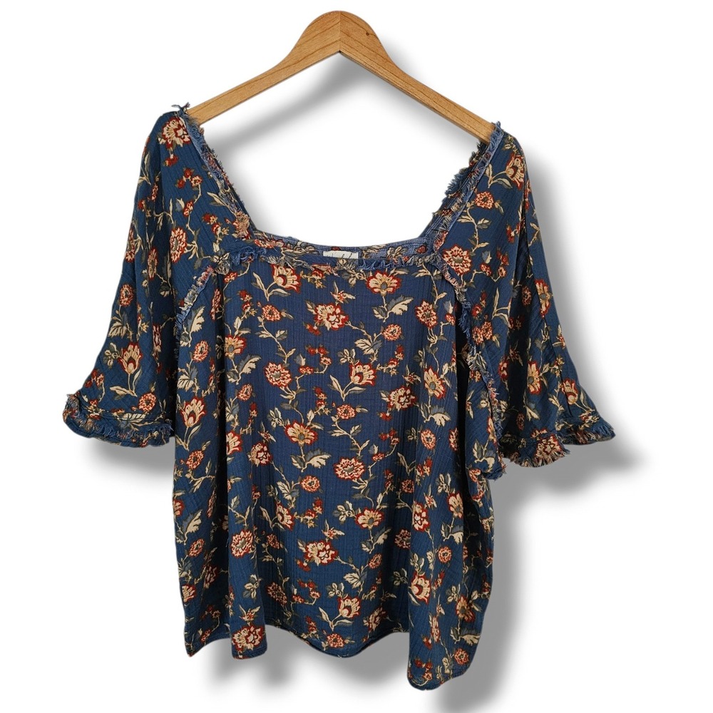 Wonderly Peasant Top XXL Womens Blue Floral Gauzy Cotton Square Neck Fringe Boho